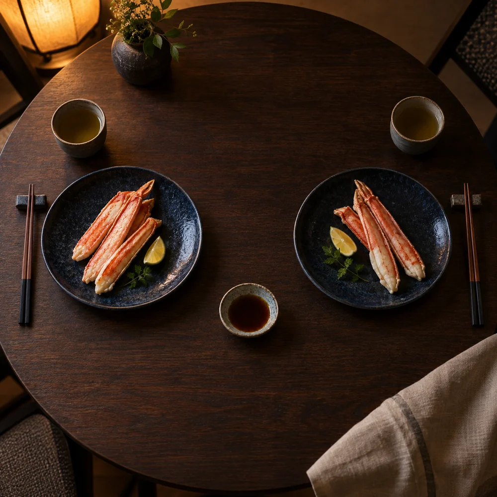 二人分のカニをそれぞれの皿に盛った冬の食卓のイメージ