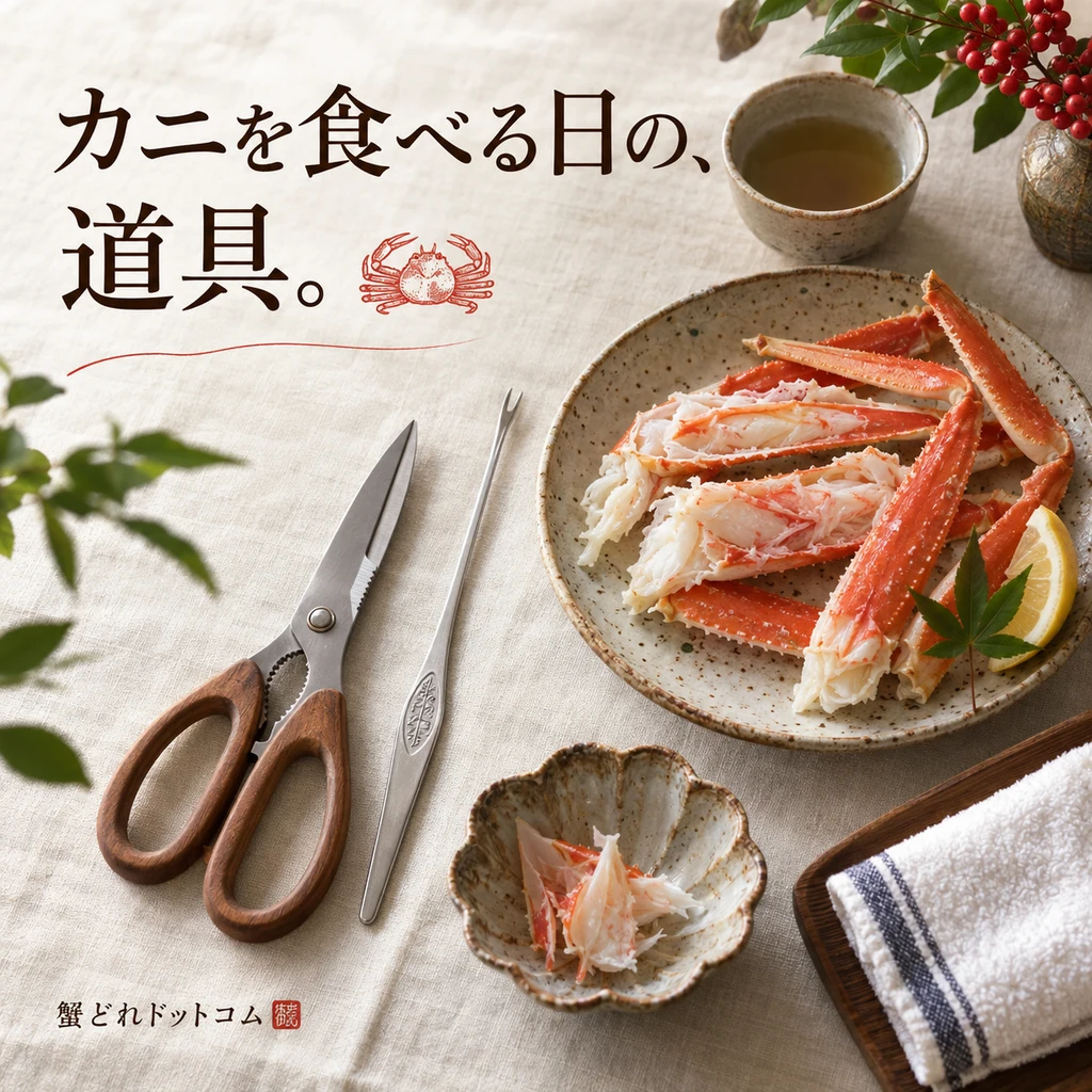 カニを食べる日に使うキッチンばさみ、小皿、ぬれ布巾を並べた食卓のイメージ
