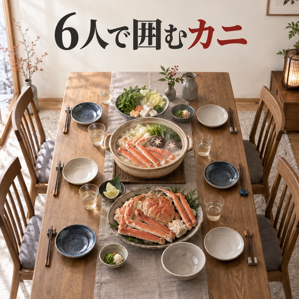 「6人で囲むカニ」の見出しと、六つの取り皿を並べた長い食卓のイメージ。