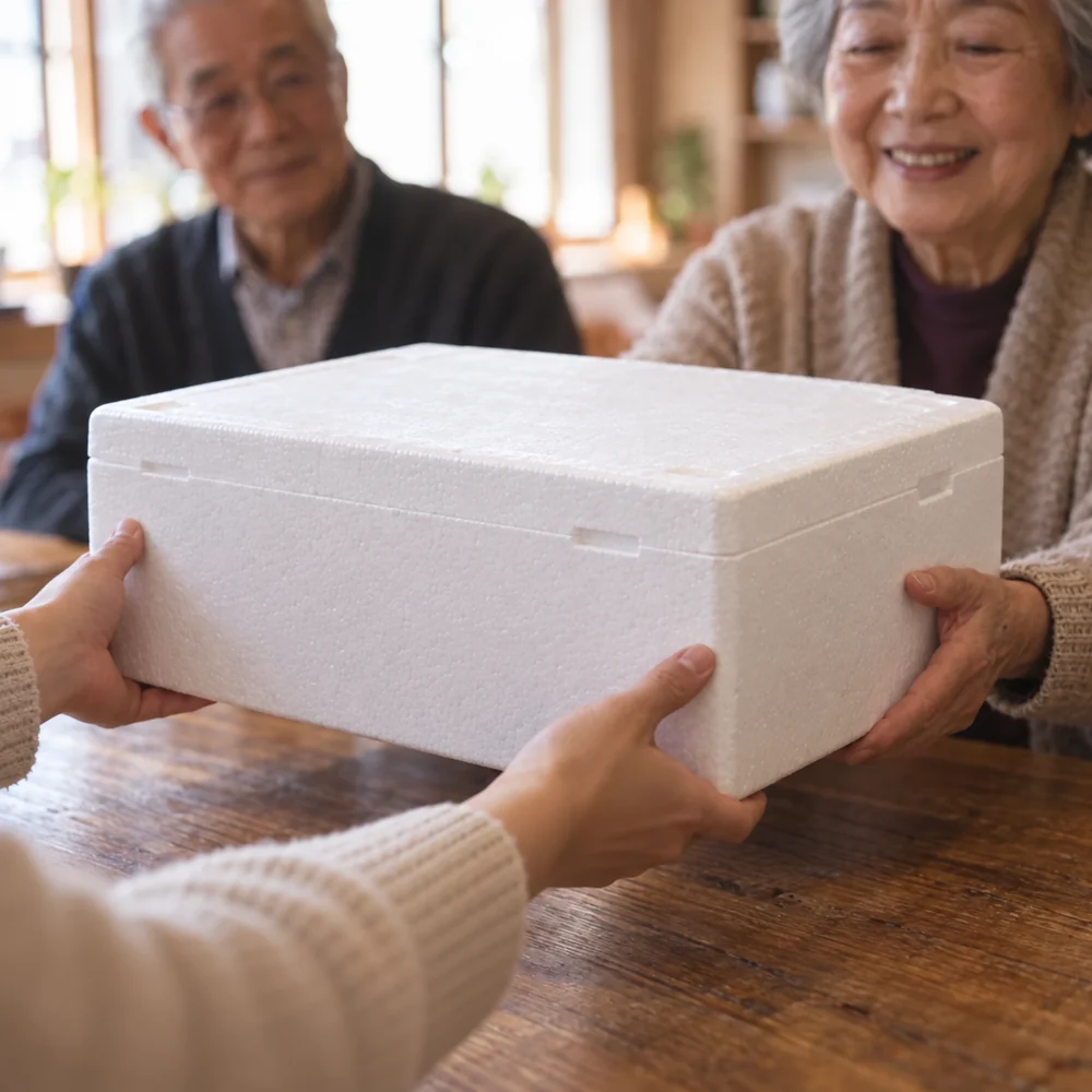 両親へ未開封の幅広い白い保冷箱を手渡すイメージ