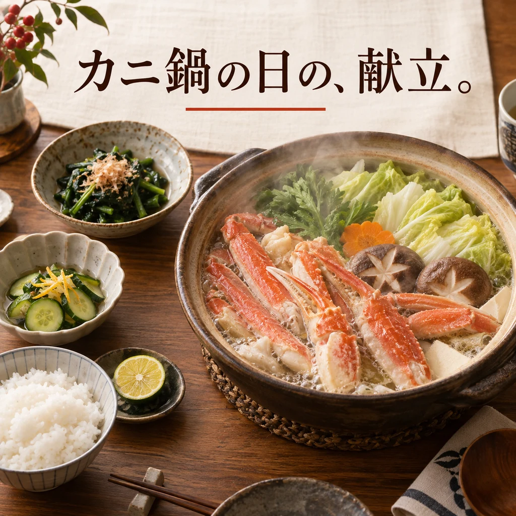 カニ鍋と、味の軽い副菜や小鉢を並べた夕食のイメージ
