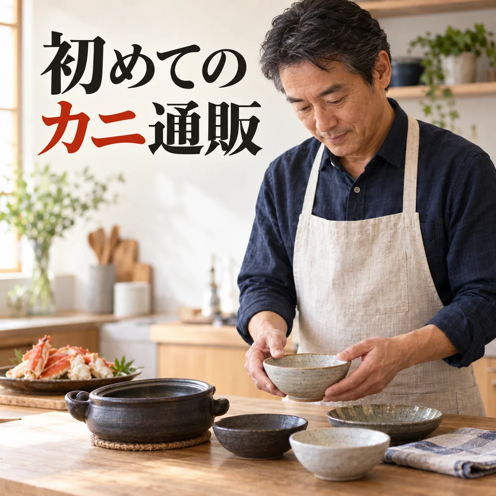 「初めてのカニ通販」の見出しと、男性が台所で器と道具を並べて食卓を考えるイメージ。