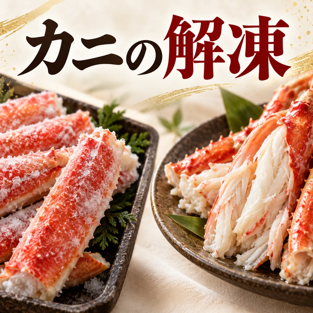 カニの解凍 冷凍の脚と解凍後のカニ料理を対比したイメージ
