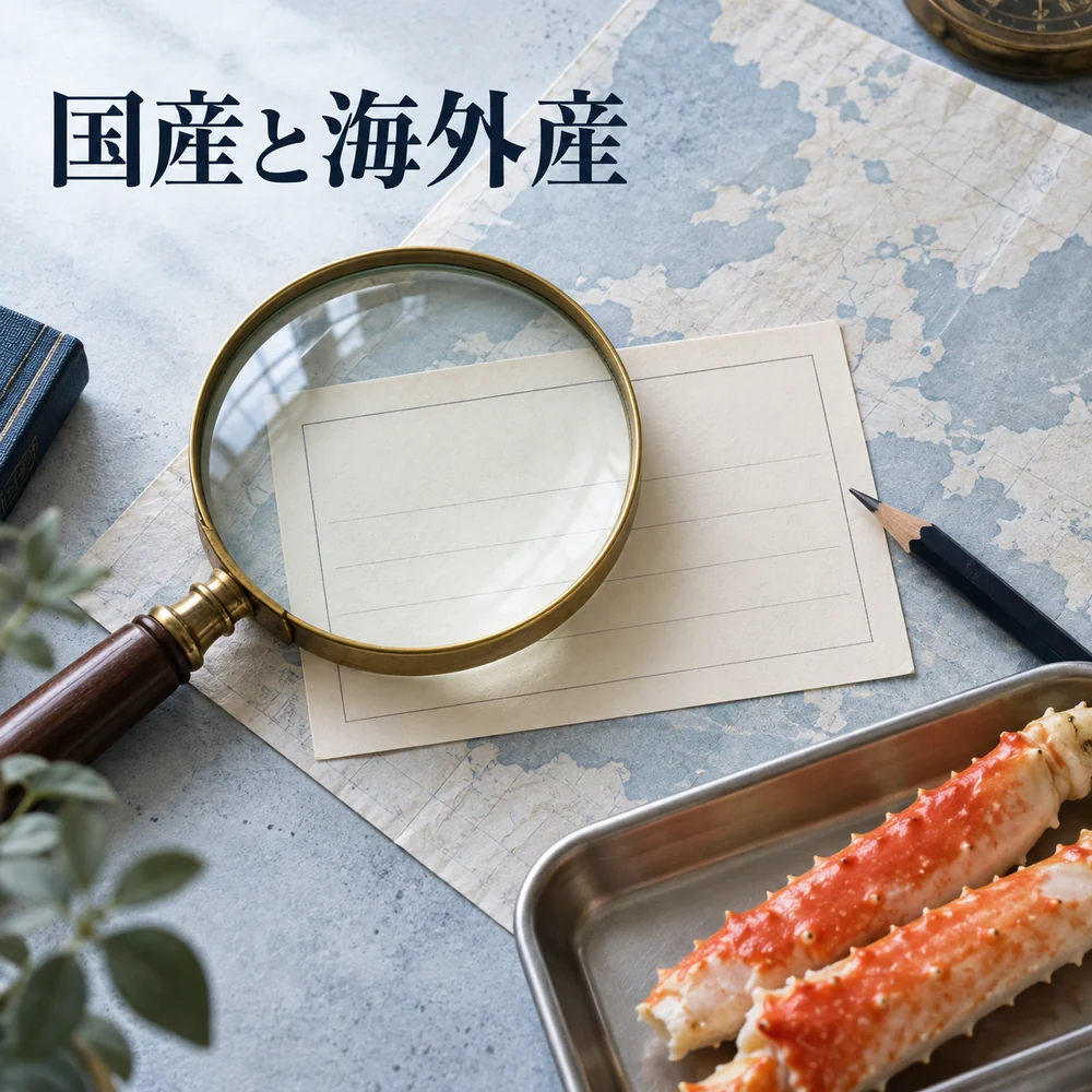 国産と海外産。原産地の情報を確認するルーペと資料のイメージ