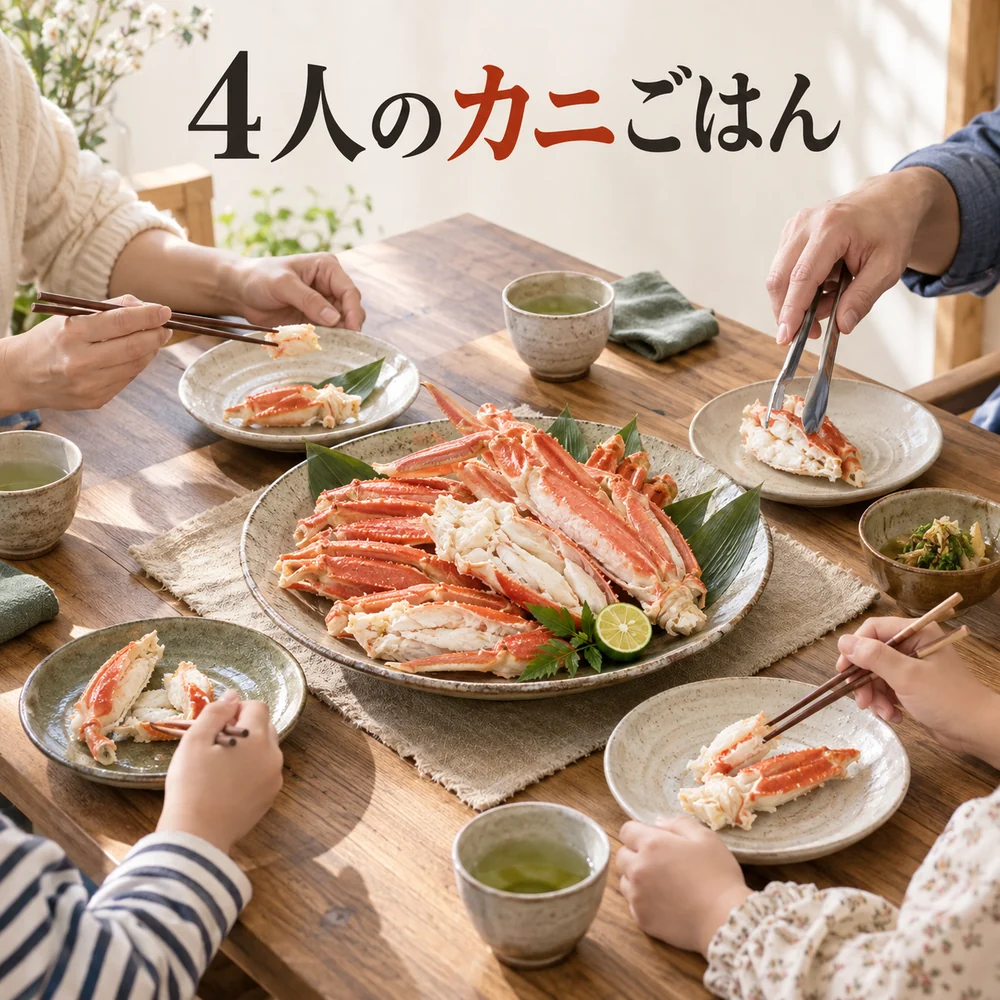 「4人のカニごはん」の見出しと、大皿のカニを四人で取り分ける手元のイメージ。