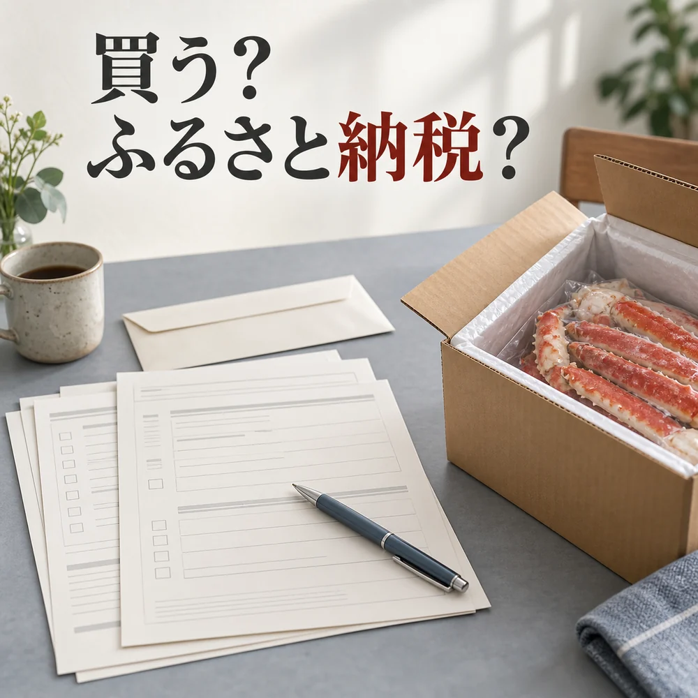 「買う？ふるさと納税？」の見出しと、書類・封筒と冷凍配送箱を並べたイメージ。