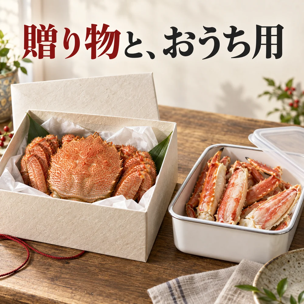 「贈り物と、おうち用」の見出しと、贈答箱と普段の保存容器を並べたイメージ。