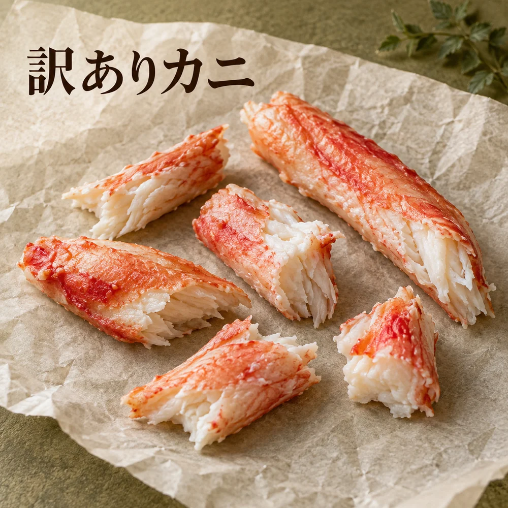訳ありカニ。不揃いの折れ棒肉と白い断面のイメージ
