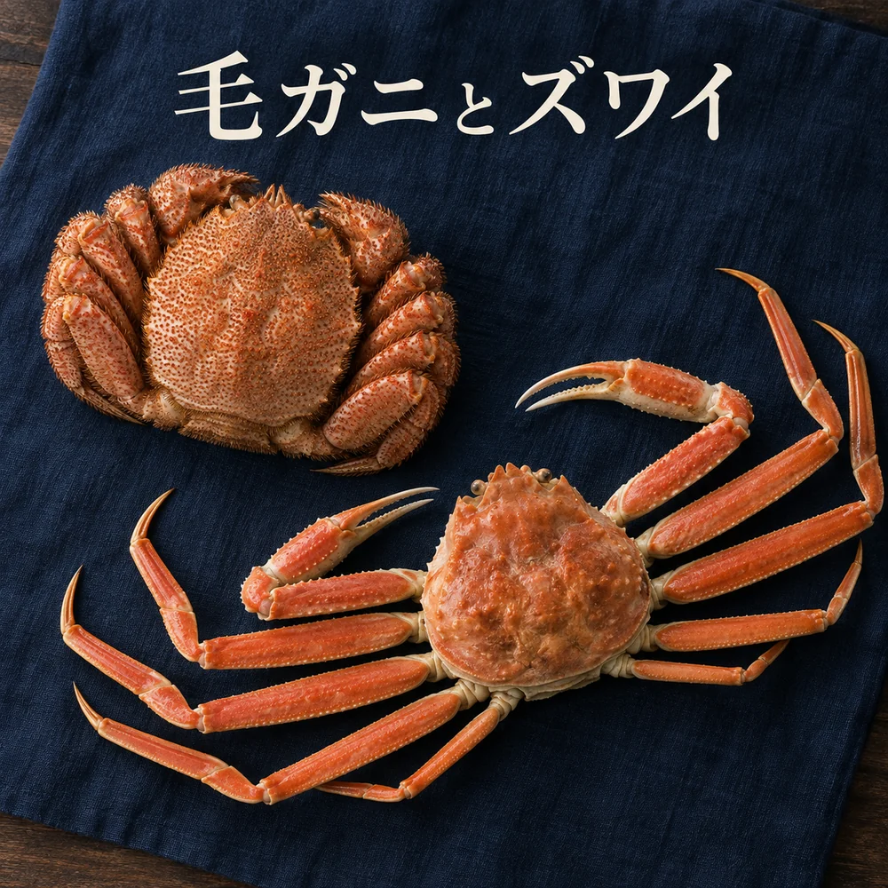 毛ガニとズワイ。丸い毛ガニと脚の長いズワイの姿を比べるイメージ
