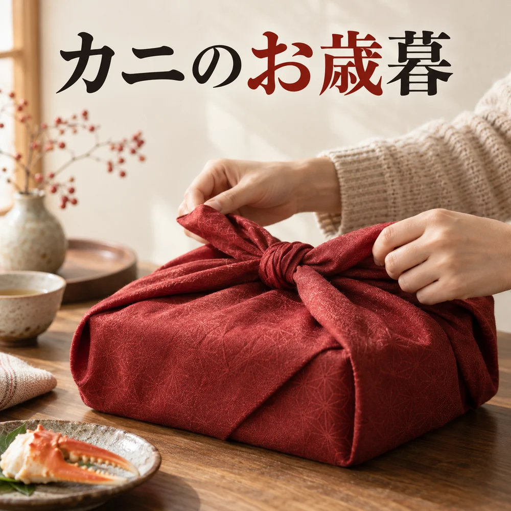 「カニのお歳暮」の見出しと、深紅の風呂敷で贈り物を包む手元のイメージ。