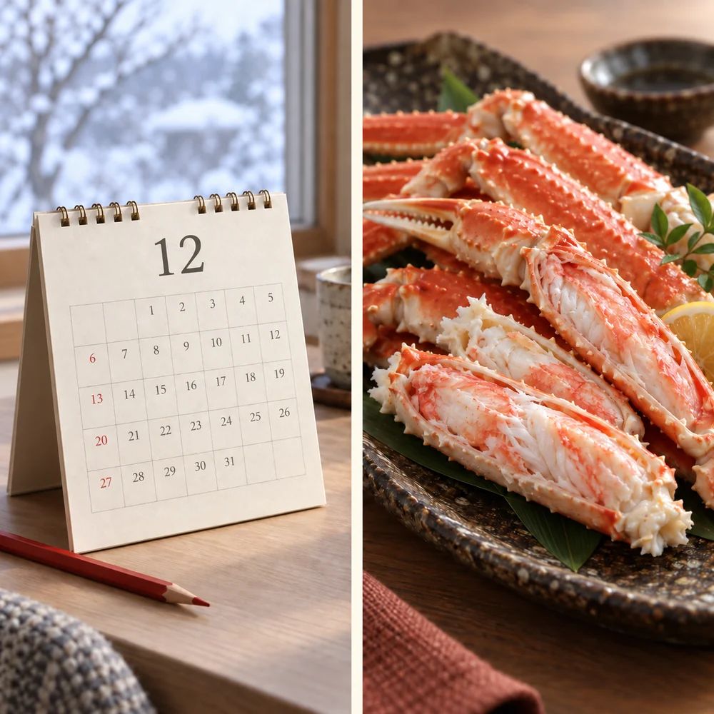 左に12月のカレンダー、右にカニ料理を配置した2枚の写真