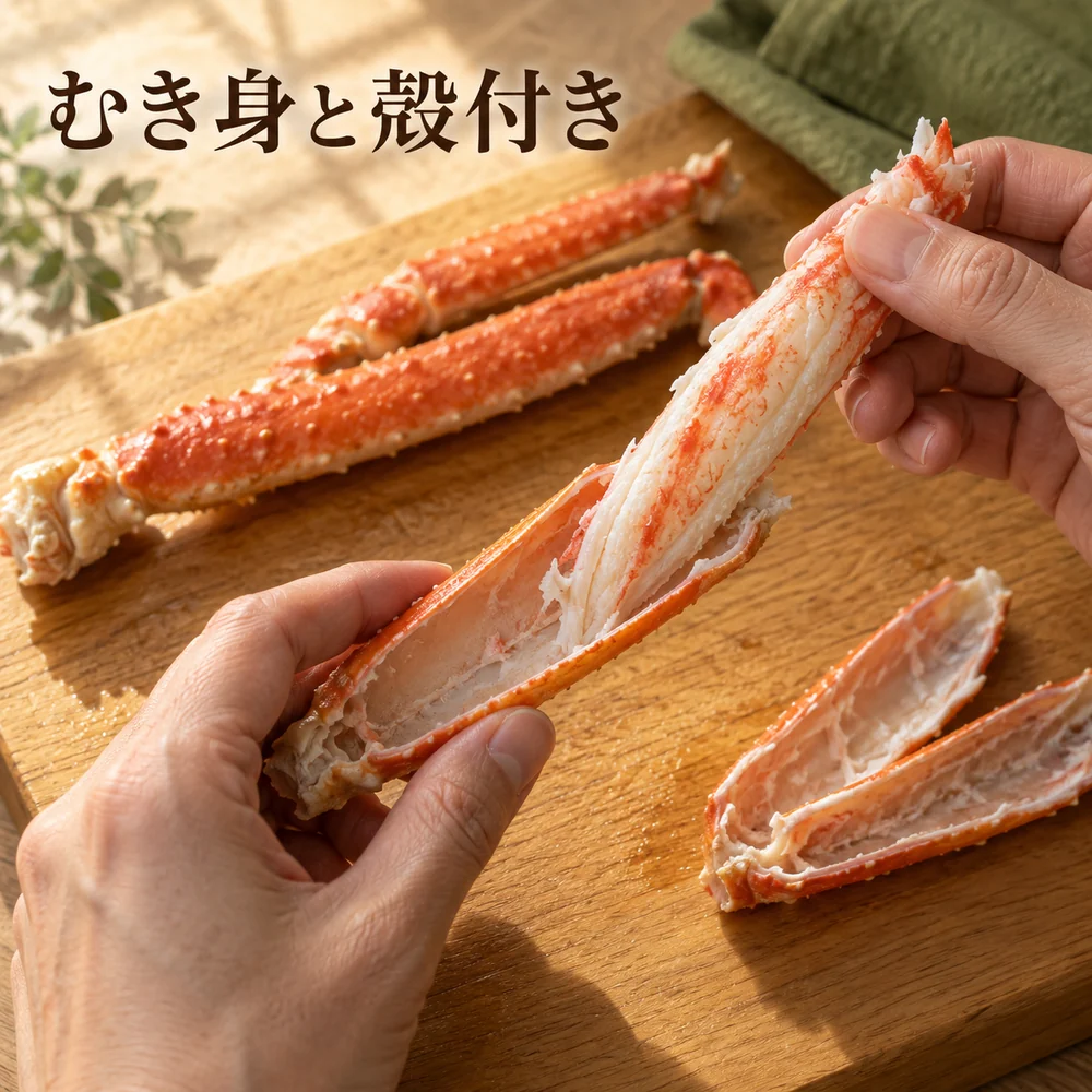 むき身と殻付き。殻から白い脚肉を取り出す手元のイメージ