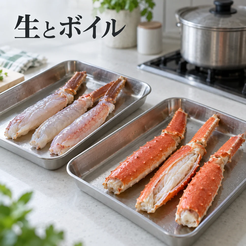 生とボイル。半透明の生脚と赤いボイル脚を調理用トレーで比べるイメージ