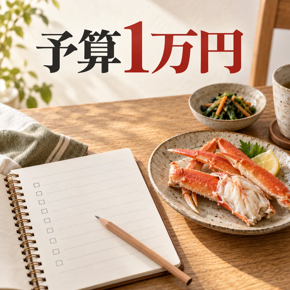 「予算1万円」の見出しと、買い物メモ・鉛筆と小さなカニ料理を並べたイメージ。