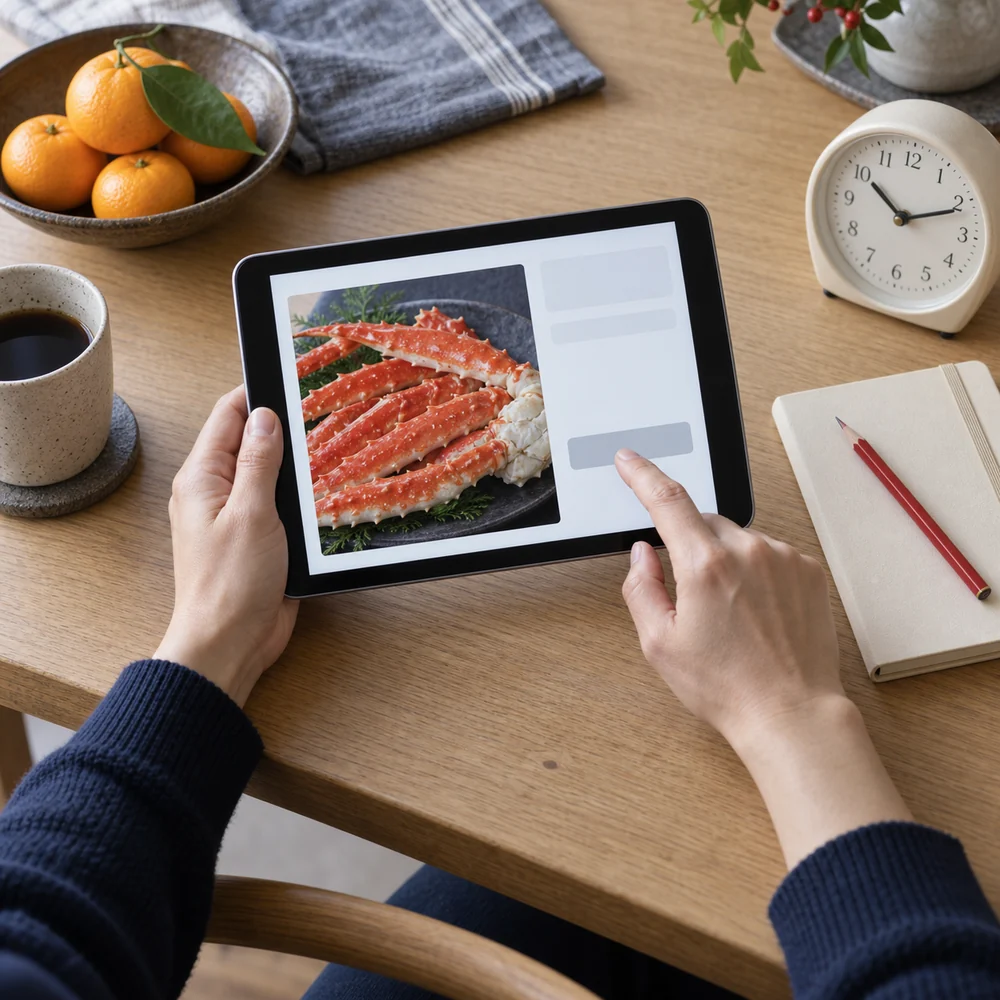 タブレットと手帳で年末のカニ注文を考えるイメージ