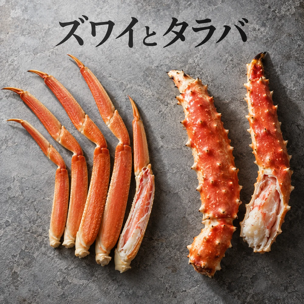 ズワイとタラバ。細長いズワイ脚と太いタラバ脚を並べたイメージ