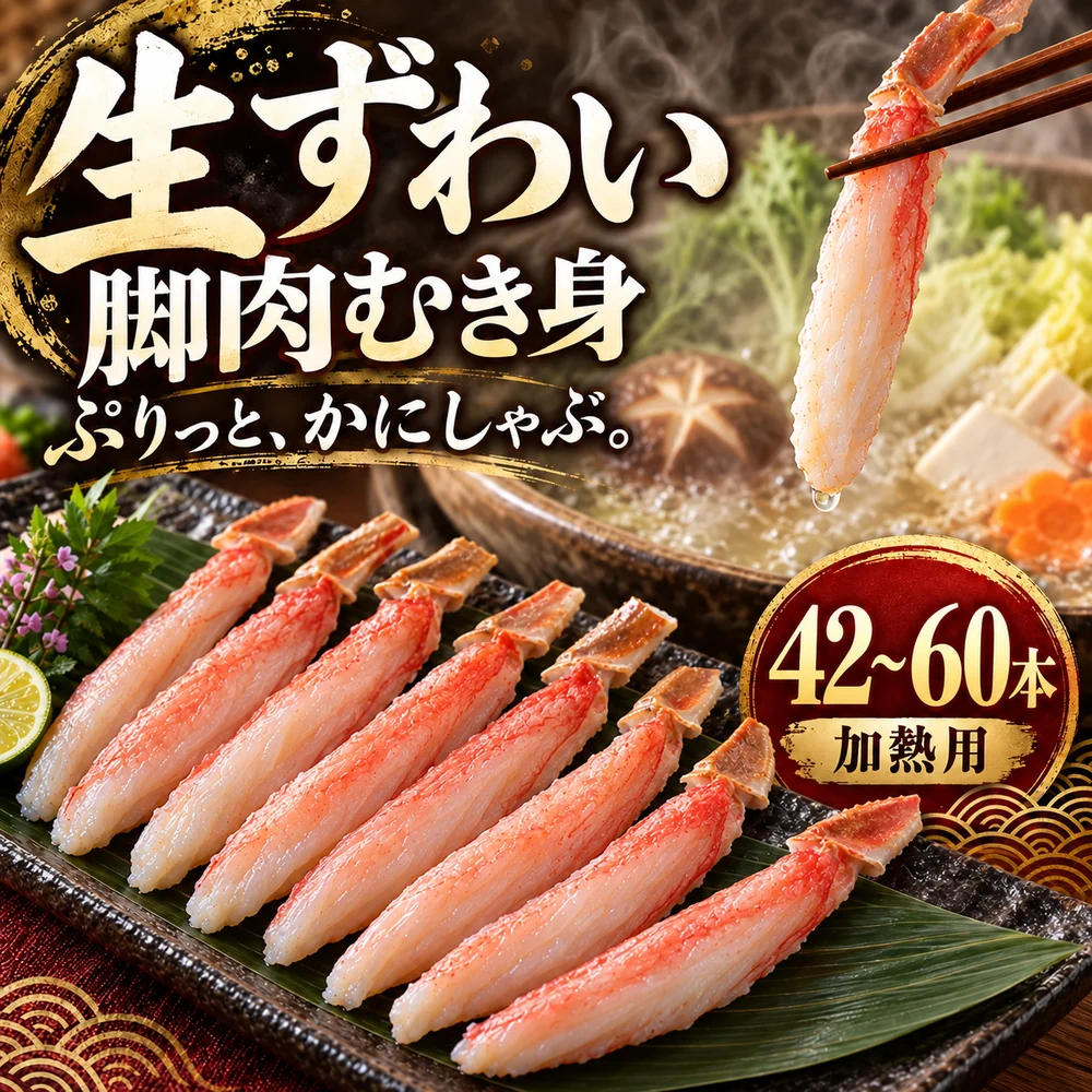 「生ずわい 脚肉むき身」「42〜60本」「加熱用」の文字と、持ち手の殻を残した細長い脚肉の盛り付けイメージ。