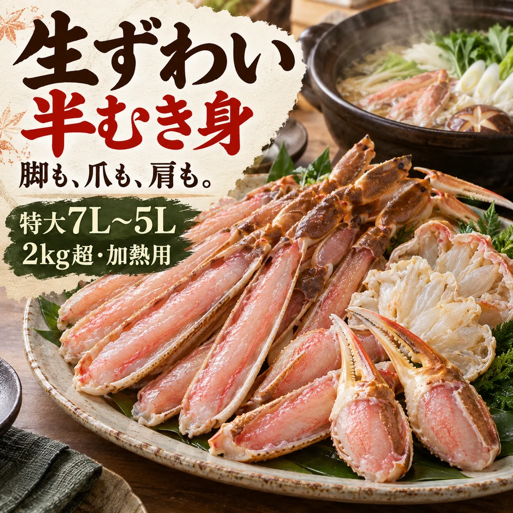 「生ずわい 半むき身」「脚も、爪も、肩も。」「特大7L〜5L」「2kg超・加熱用」の文字と、殻を半分残した脚・爪・肩の盛り付けイメージ。