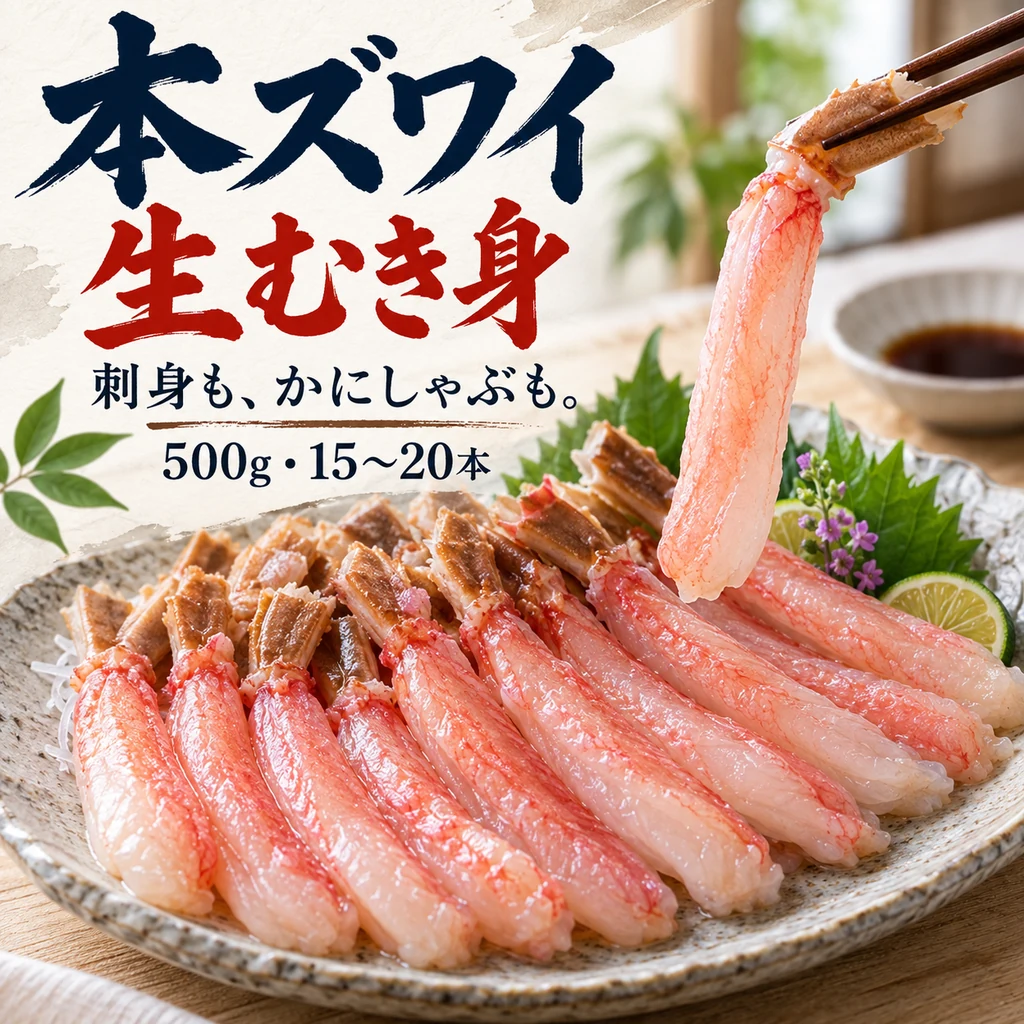 「本ズワイ 生むき身」「刺身も、かにしゃぶも。」「500g・15〜20本」の文字と、短い持ち手だけ殻を残した脚肉のイメージ。