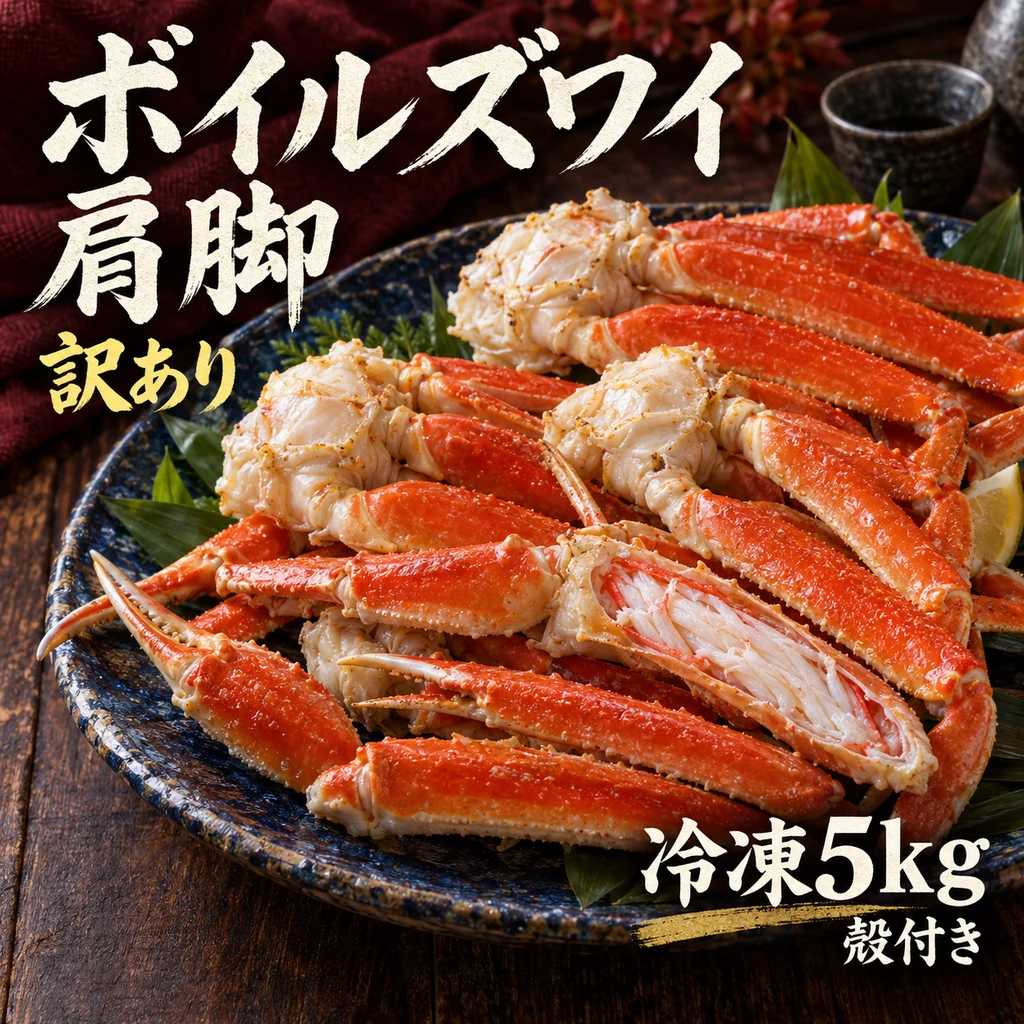 殻付きのボイルズワイ肩脚を大皿に盛ったイメージ。「訳あり」「ボイルズワイ 肩脚」「冷凍5kg」。