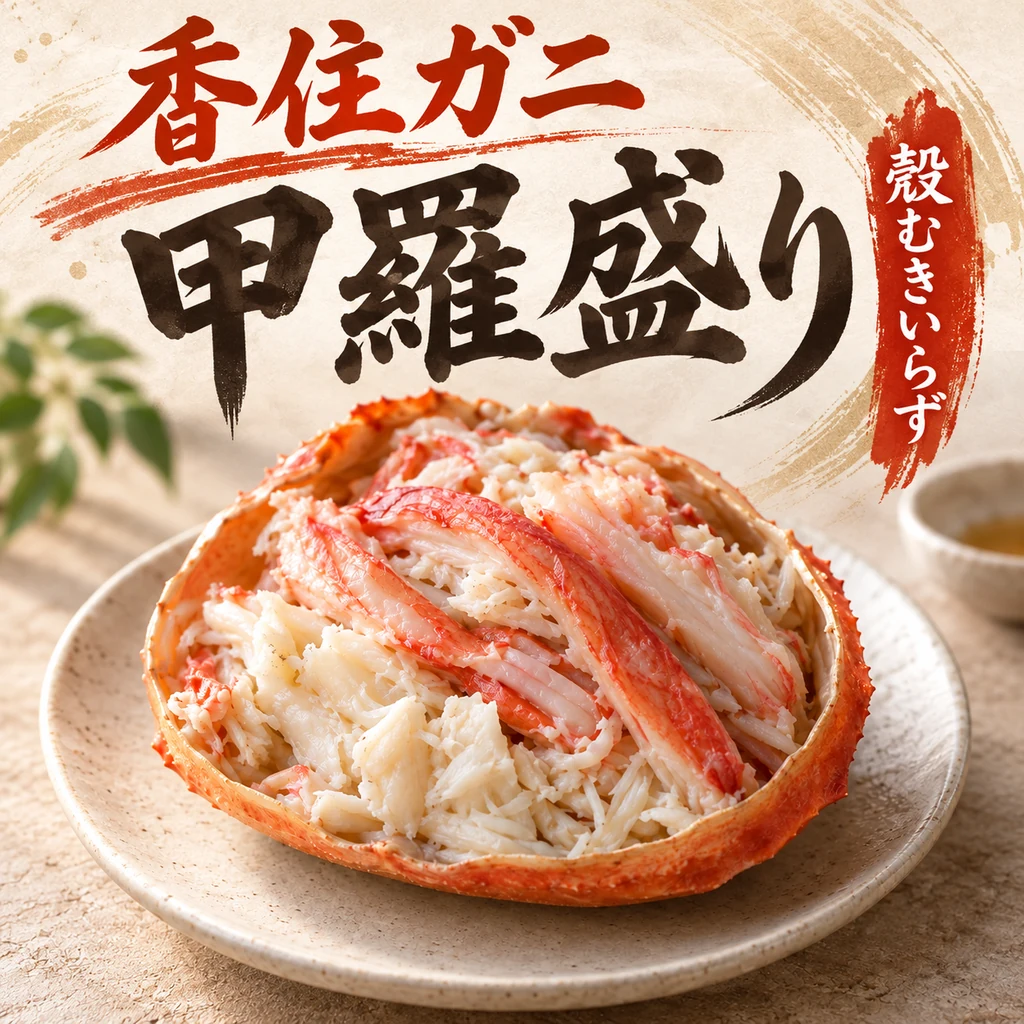 「香住ガニ 甲羅盛り」「殻むきいらず」の文字と、ほぐし身と脚肉を甲羅に盛ったイメージ。
