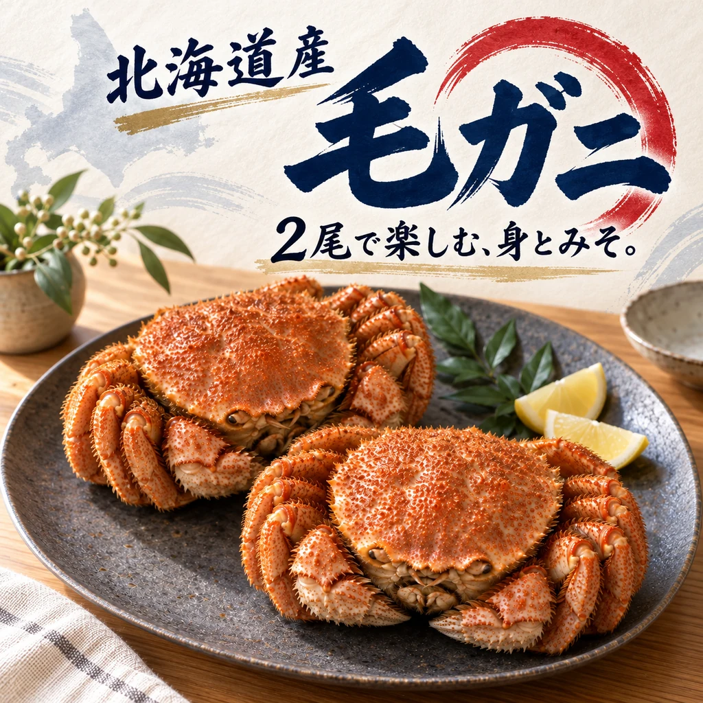 「北海道産 毛ガニ」「2尾で楽しむ、身とみそ。」の文字と、短い毛並みのボイル毛ガニ2尾のイメージ。