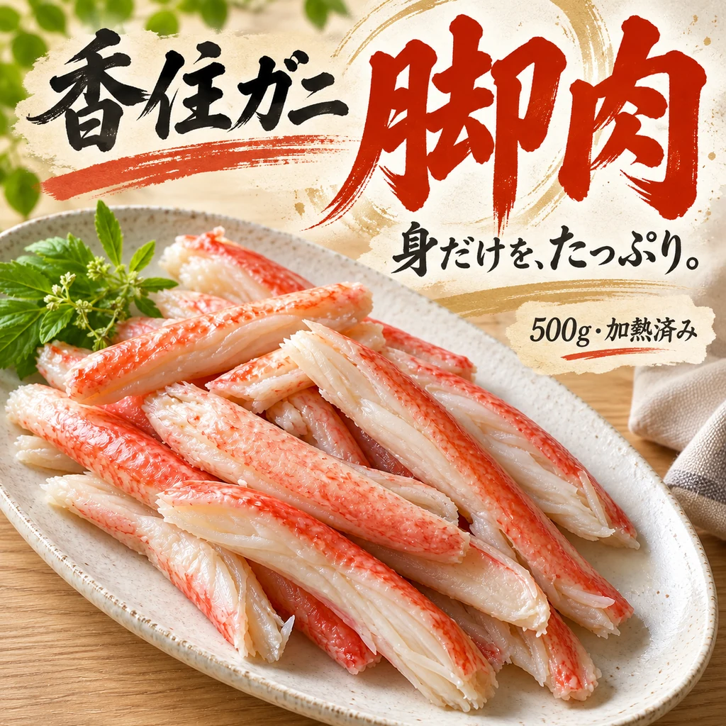「香住ガニ 脚肉」「身だけを、たっぷり。」「500g・加熱済み」の文字と、殻をむいた脚肉のイメージ。