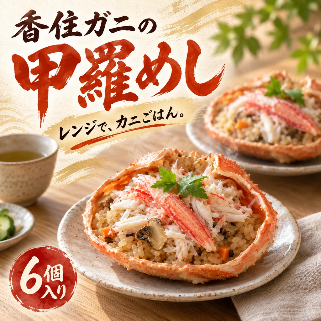 「香住ガニの甲羅めし」「レンジで、カニごはん。」「6個入り」の文字と、ご飯にカニの身をのせた甲羅めしの盛り付けイメージ。
