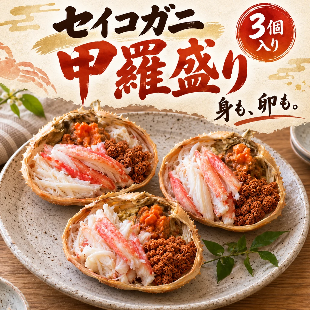 「セイコガニ 甲羅盛り」「身も、卵も。」「3個入り」の文字と、身・内子・外子を詰めた甲羅盛り3個のイメージ。