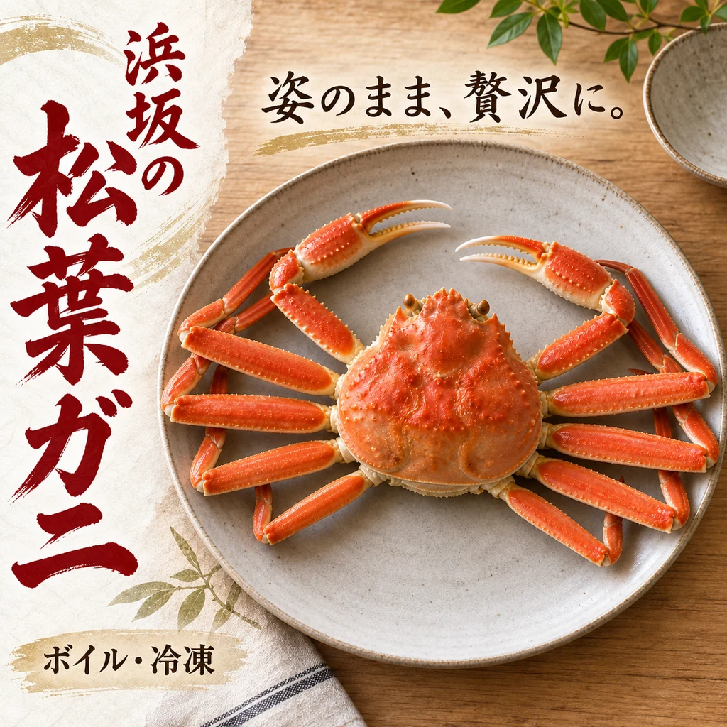 「浜坂の松葉ガニ」「姿のまま、贅沢に。」「ボイル・冷凍」の文字と、松葉ガニ1尾を姿で盛ったイメージ。